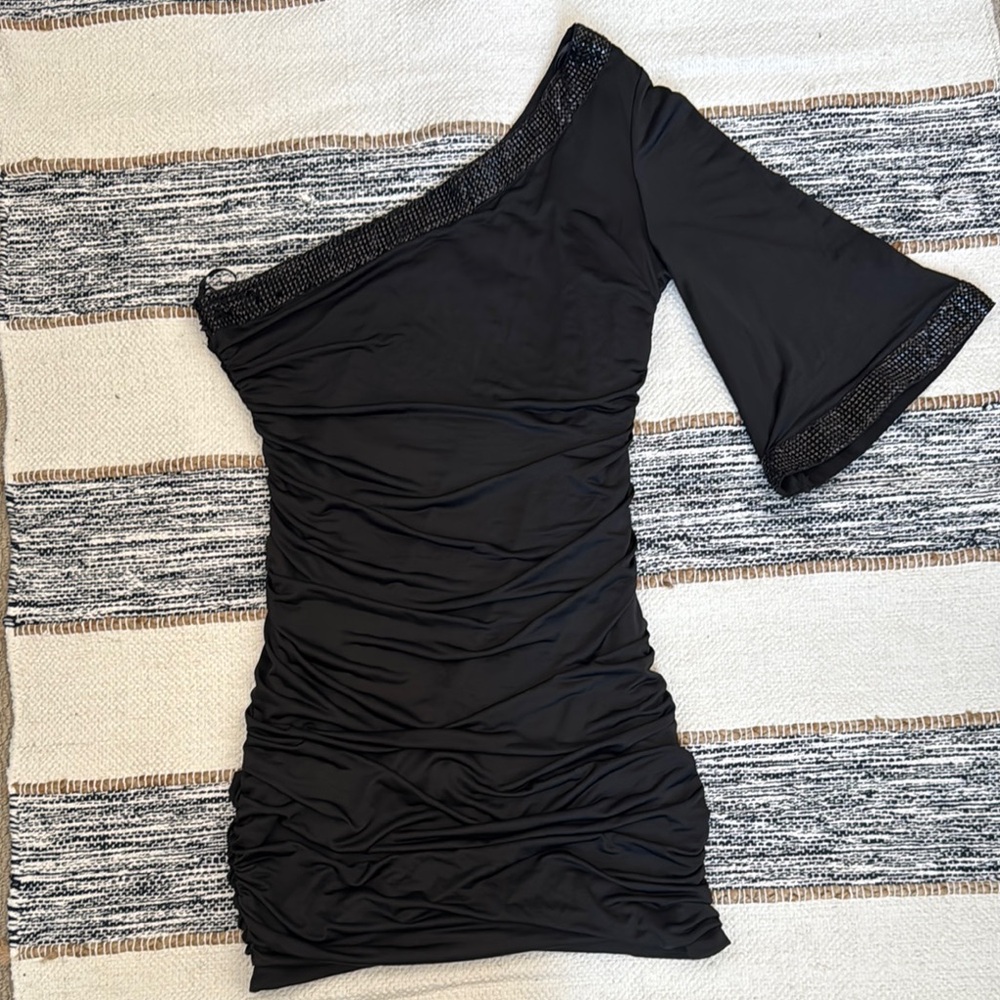Black Ruched One Shoulder Cocktail Dress